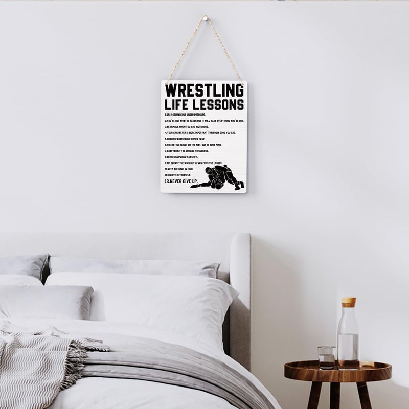 BELLOWDEER Wrestling Life Lessons Wooden Hanging Sign Inspirational Wrestling Wall Art Decor, Wrestling Wall Hanging Decor Signs for Home Office Bedroom Decoration 8x10 Inches - Image 3